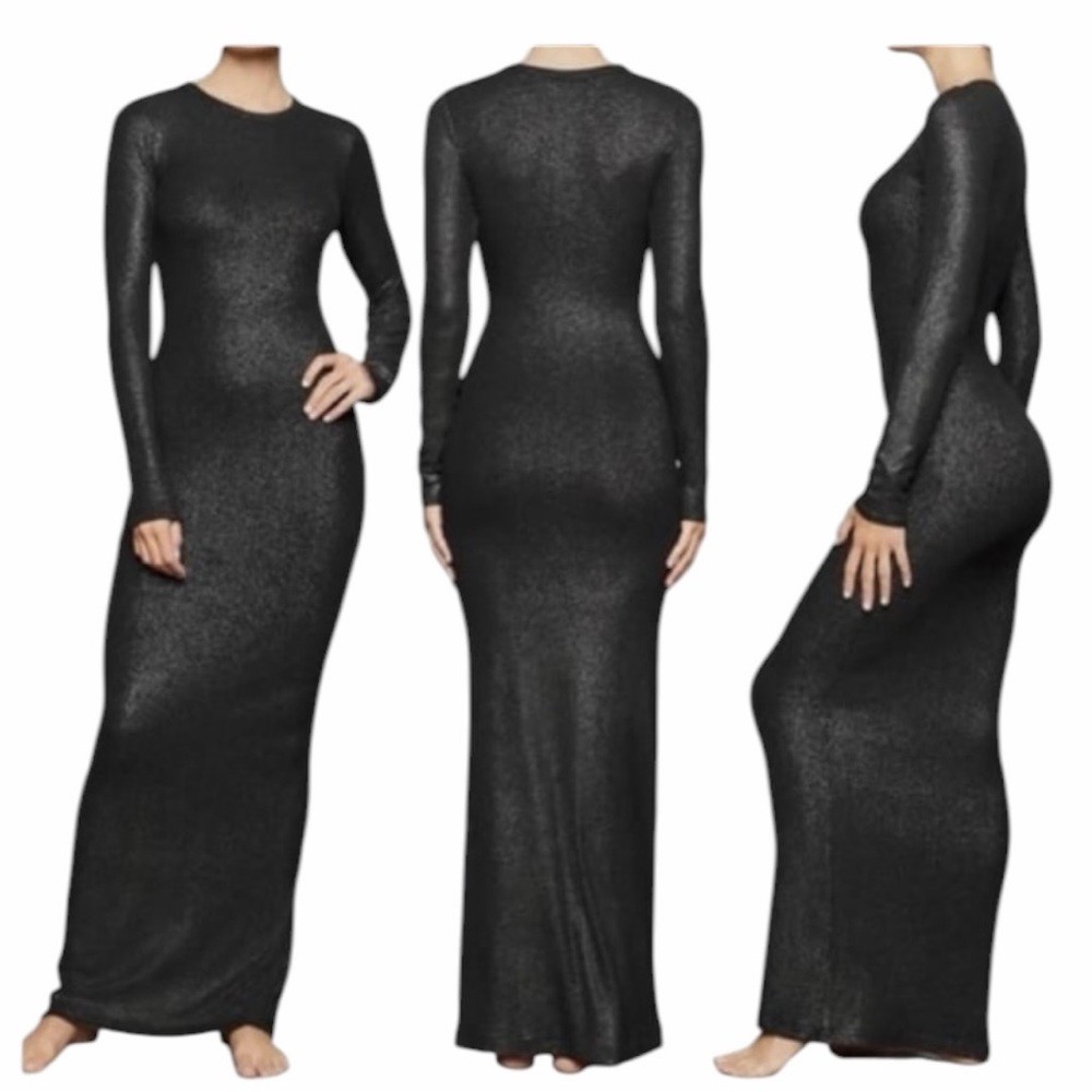 Skims Black Shimmer Foil Ribbed
Long Sleeve Sheath gown Dress NWT Sparkle Sz M